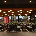 Min Men Chuan Jiao Skewer Restaurant Interior with Brick Wall Neon Sign and Tables Chairs