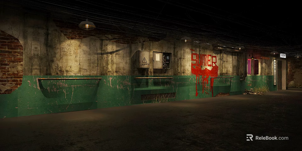 Dim Underground Space Featuring Peeling Paint Green Low Walls Red ZOMBIES Graffiti And Exposed Pipes 3d model 