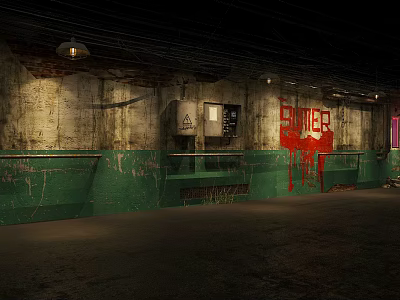 Dim Underground Space Featuring Peeling Paint Green Low Walls Red ZOMBIES Graffiti And Exposed Pipes 3d model