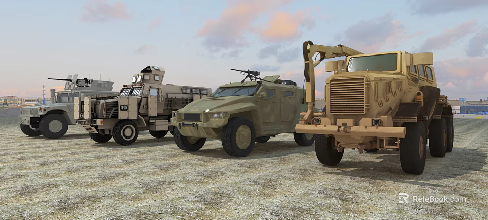 Military Functional Vehicles With Armored Design Crane And Tactical Equipment In Desert Terrain 3d model 
