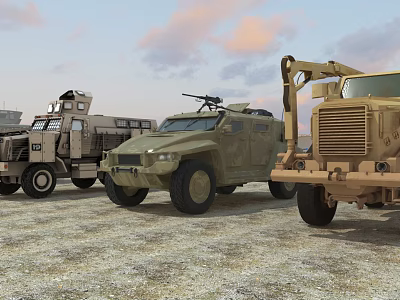 Military Functional Vehicles With Armored Design Crane And Tactical Equipment In Desert Terrain 3d model