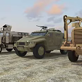 Military Functional Vehicles With Armored Design Crane And Tactical Equipment In Desert Terrain