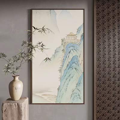 Traditional Chinese Landscape Art With Mountain Pavilion Vase Bamboo 3d model