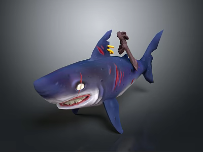 Cartoon Character Riding Blue Shark With Red Stripes And White Eyes 3d model