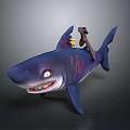 Cartoon Character Riding Blue Shark With Red Stripes And White Eyes