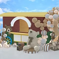 Cute Teddy Bear With Small Wooden Cabin Balloons And Gift Boxes