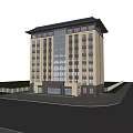 Modern Multi Story Office Building With Glass Curtain Wall And Traditional Roof Design
