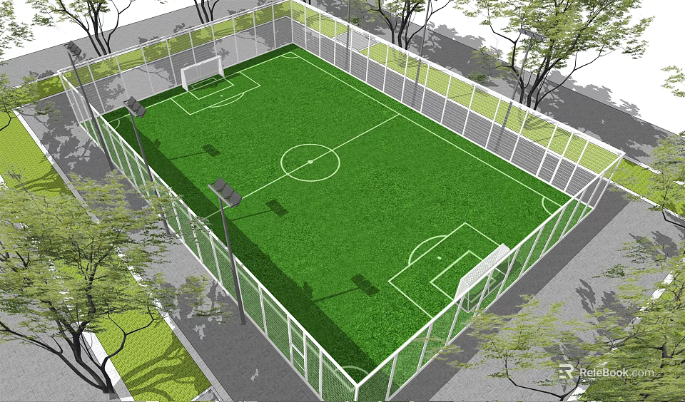 Soccer Field Enclosed With Fence Artificial Grass Two Goals Surrounded By Trees And Light Posts 3d model
