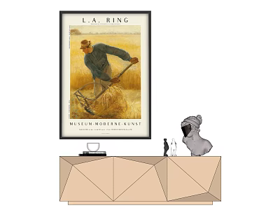 Vintage Framed Portrait Painting Depicting Farmer Cutting Hay With Black Frame On Modern Console Table 3d model