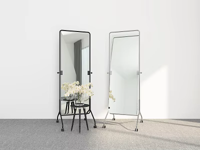 Full Length Mirrors With Black And Silver Metal Frames And Small Table With White Flowers 3d model