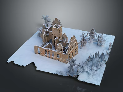 Snow Covered Castle Ruins In Scenic Winter Landscape With Surrounding Trees 3d model