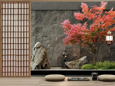 Japanese Indoor Landscape With Wooden Lattice Door Stone Wall Red Maple Tree And Lantern 3d model