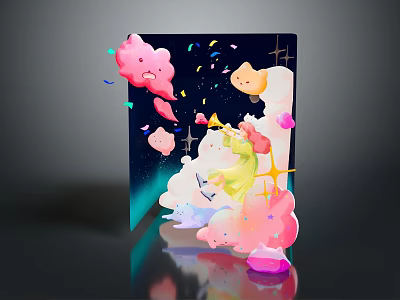 Cartoon Style Decorative Wall Art With Pink Clouds Yellow Stars And Colorful Elements 3d model