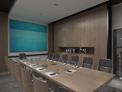 Modern Conference Room Interior With Long Wooden Table Gray Chairs And Blue Projection Screen 3d model