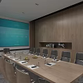 Modern Conference Room Interior With Long Wooden Table Gray Chairs And Blue Projection Screen