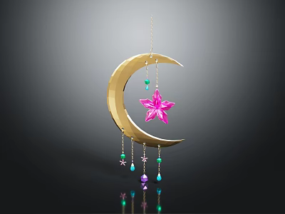 Golden Crescent Moon Clothing Accessory With Pink Star And Colorful Beads 3d model