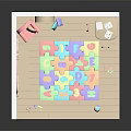 Cartoon Playroom Scene With Rainbow Clouds Bookshelf And Colorful Puzzle Mat Toys