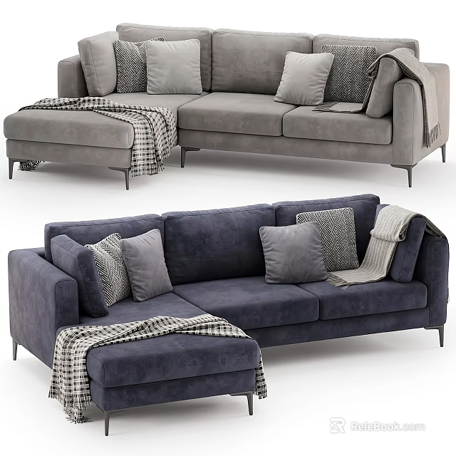 Gray and Navy Blue Sectional Sofas with Pillows Throw Blanket and Ottoman 3d model
