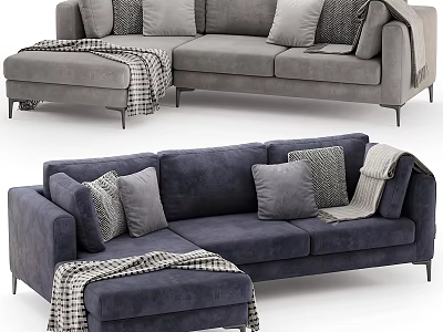 Gray and Navy Blue Sectional Sofas with Pillows Throw Blanket and Ottoman 3d model