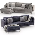Gray and Navy Blue Sectional Sofas with Pillows Throw Blanket and Ottoman 3d model