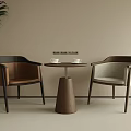 Two Stylish Armchairs With Small Round Table And Green Plant Against Beige Wall