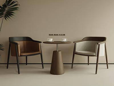 Two Stylish Armchairs With Small Round Table And Green Plant Against Beige Wall 3d model