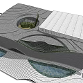 Modern Architectural Structure With Unique Geometric Shape Circular Water Features And Striped Paving 3d model