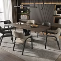 Modern Dining Table Set With Wooden Tabletop Chairs Bookshelves And Hanging Lights