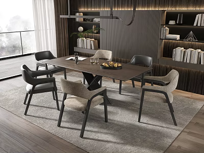 Modern Dining Table Set With Wooden Tabletop Chairs Bookshelves And Hanging Lights 3d model