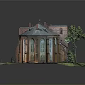 Scenic Landscape Featuring Red Brick Building With Arched Structures Blue Roof And Green Plants