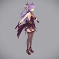 Fantasy Game and Movie Character With Purple Long Hair Horns Purple Gold Outfit Long Gloves