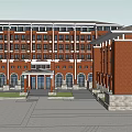 Red Brick Hotel Building With Multi story Structure Arched Windows And Front Pool 3d model