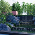 Curved White Pathways In Lush Green Garden Landscape With Dense Trees And Architectural Structures