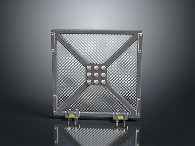 Modern Industrial Metal Gate With Mesh Design Circular Rivets And Yellow Hinges 3d model