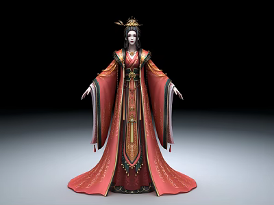 Elegant Ancient Game Movie Female Character In Red Traditional Costume With Golden Decorations And Crown 3d model