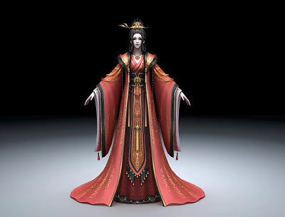Elegant Ancient Game Movie Female Character In Red Traditional Costume With Golden Decorations And Crown 3d model