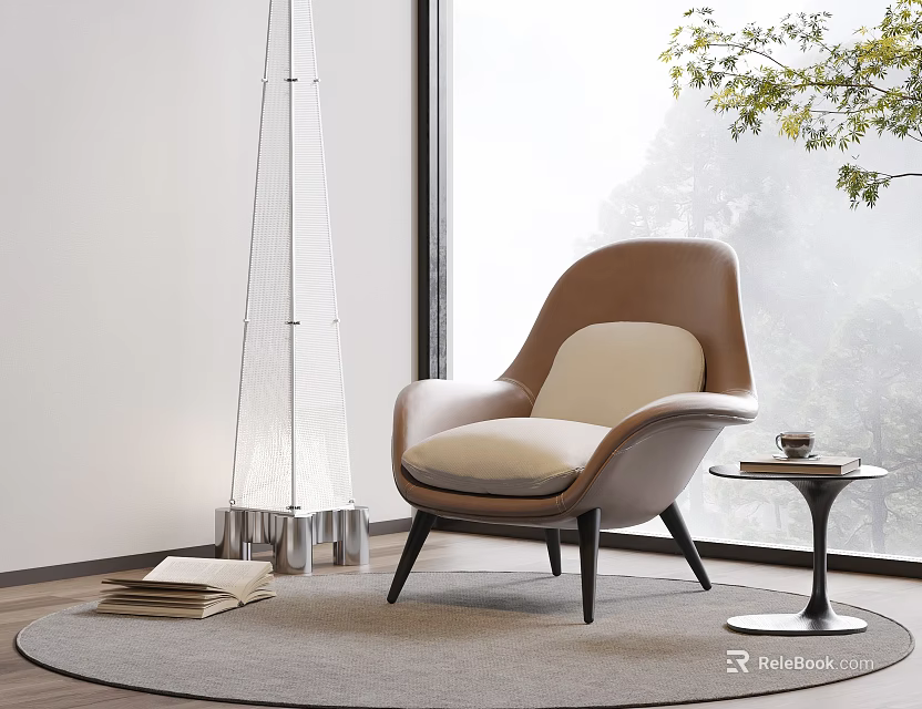 Modern Upholstered Accent Chair Brown Frame White Cushion By Window With Side Table And Rug 3d model 