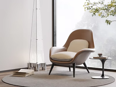 Modern Upholstered Accent Chair Brown Frame White Cushion By Window With Side Table And Rug 3d model