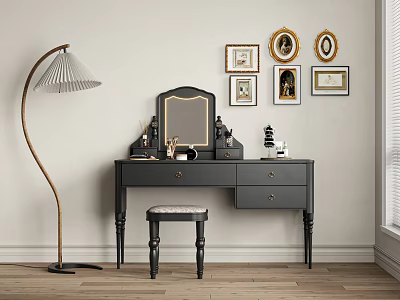 Black Dressing Table with Mirror Stool Gold Framed Pictures and Floor Lamp in Interior 3d model