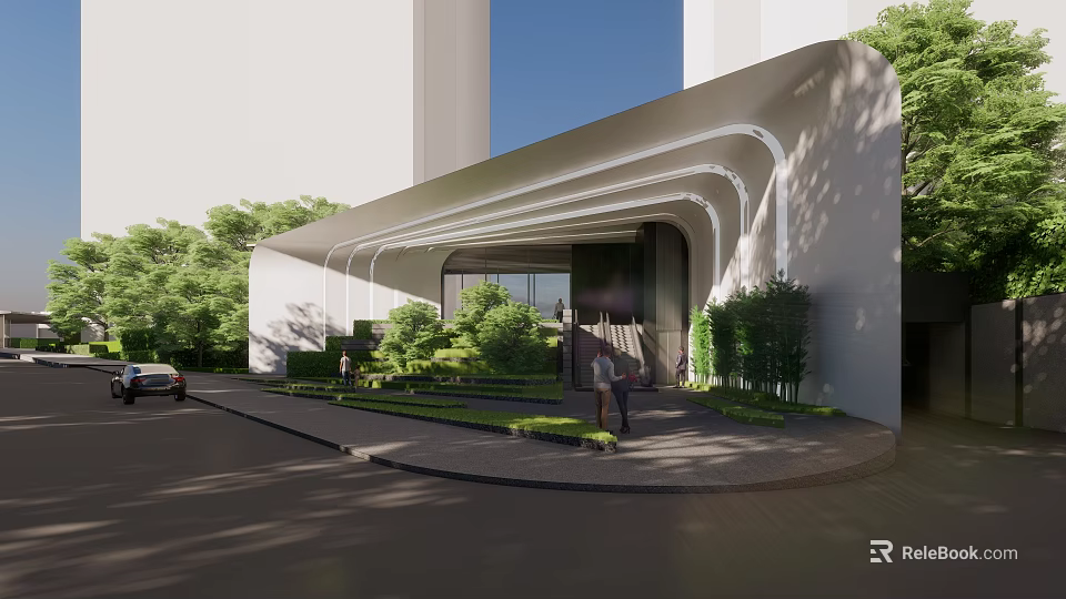 Modern Architectural Building Exterior With Curved Design White Facade And Greenery Around Entrance 3d model 