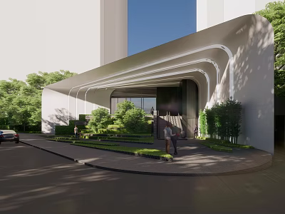 Modern Architectural Building Exterior With Curved Design White Facade And Greenery Around Entrance 3d model
