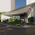 Modern Architectural Building Exterior With Curved Design White Facade And Greenery Around Entrance