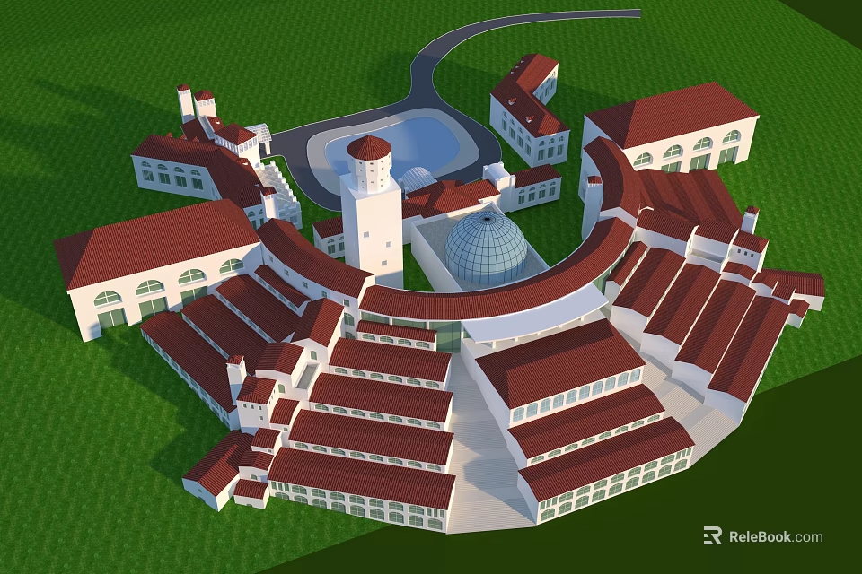Hotel Building With Red Roofs White Exterior Circular Dome And Surrounding Green Lawns 3d model 