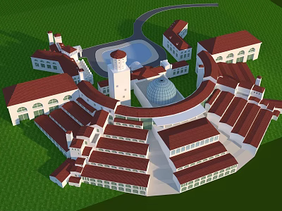 Hotel Building With Red Roofs White Exterior Circular Dome And Surrounding Green Lawns 3d model