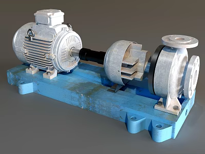 Industrial Pump and Motor Assembly Mounted on Blue Metal Base with Connecting Shaft 3d model