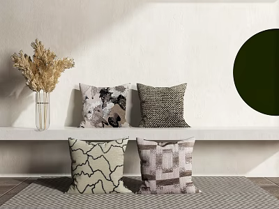 Modern Interior Decorative Pillows with Abstract Geometric Patterns and Dried Plant Vase Green Decor 3d model