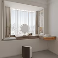 Modern Bay Window Cabinet Vanity with Round Mirror Countertop Light Curtains and Wooden Stool