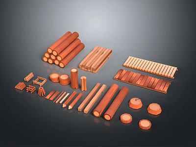 Various Natural Wooden Logs Planks Blocks and Stone Slabs for Construction Material 3d model