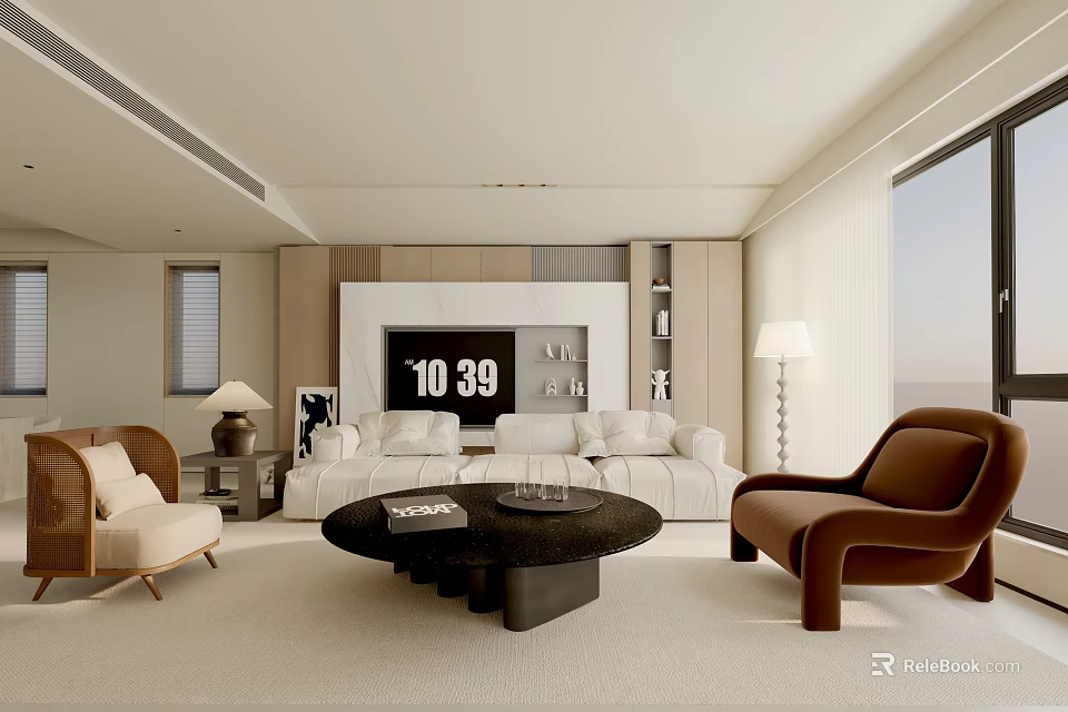 Minimalist Living Room With White Sofa Brown Armchair And Round Black Coffee Table 3d model 