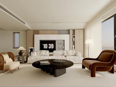 Minimalist Living Room With White Sofa Brown Armchair And Round Black Coffee Table 3d model
